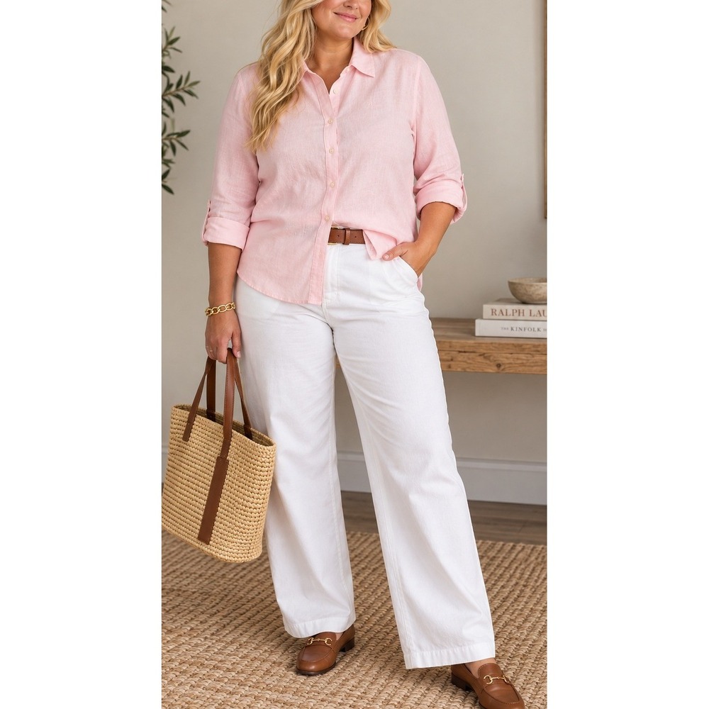 Lauren Ralph Lauren Women 2X Pink 100% Linen Button Down Shirt Roll Tab Coastal